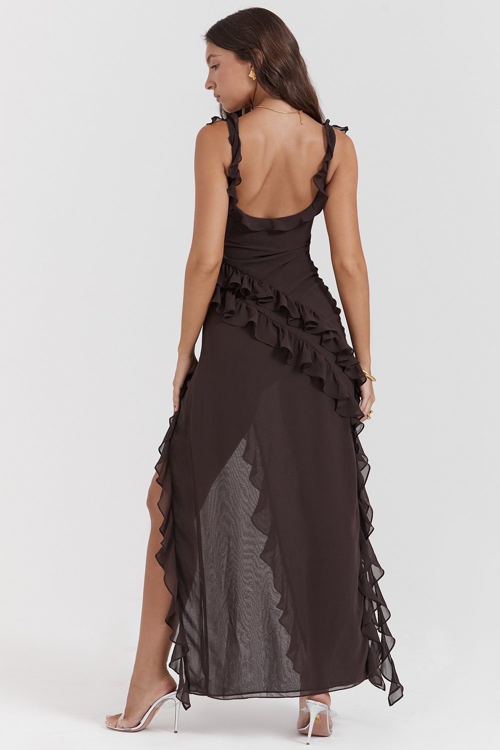 Ariela-Espresso Ruffle Maxi Dress
