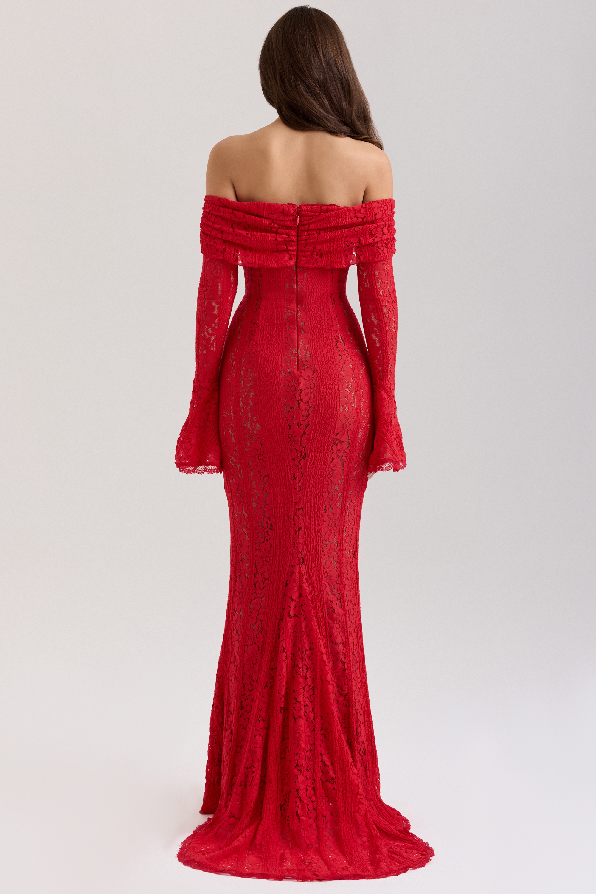 Belle-Red Off Shoulder Floral Lace Maxi Dress