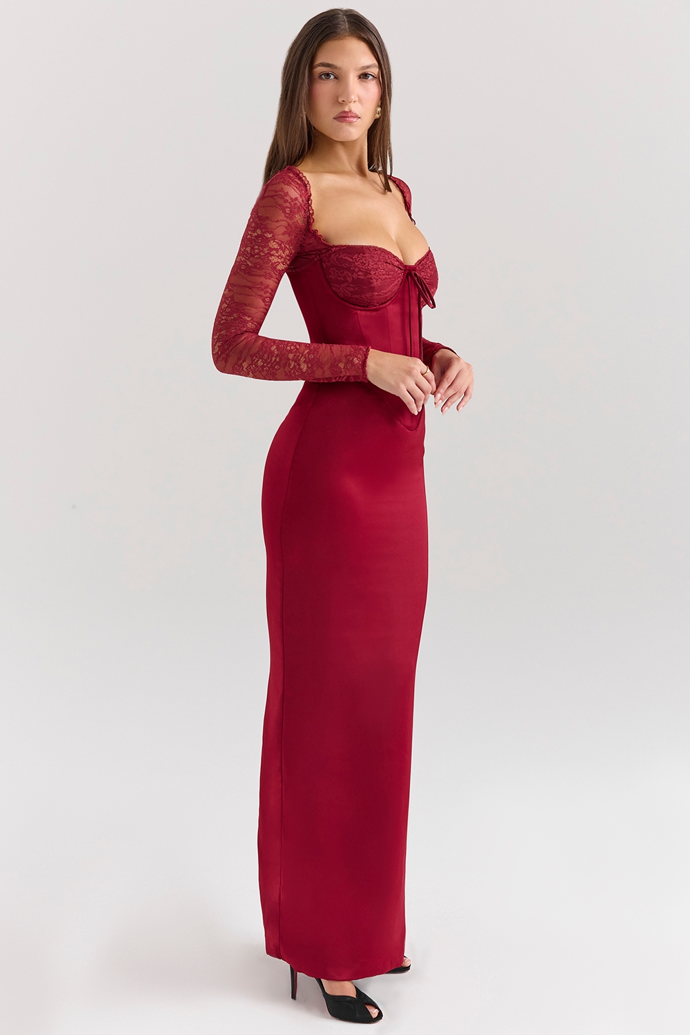 Perdi-Berry Satin Maxi Dress with Corset