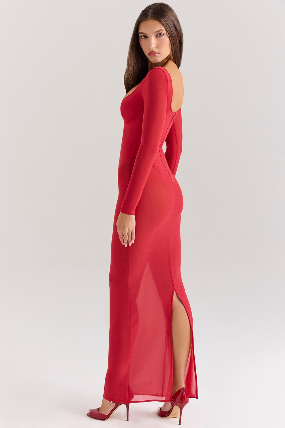Everly-Holly Red Mesh Maxi Dress with Bodysuit