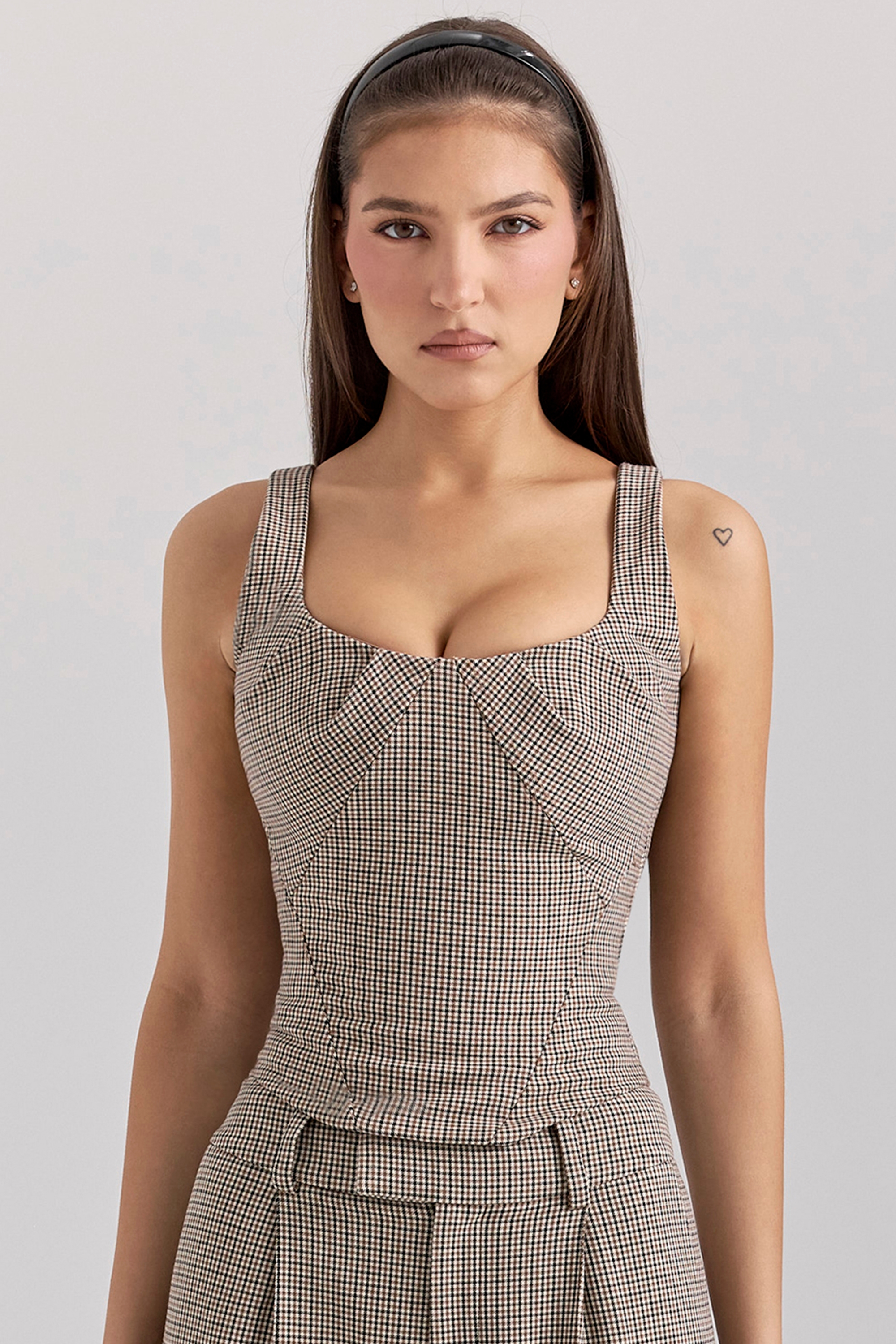 Selma-Brown Puppytooth Boned Corset Top
