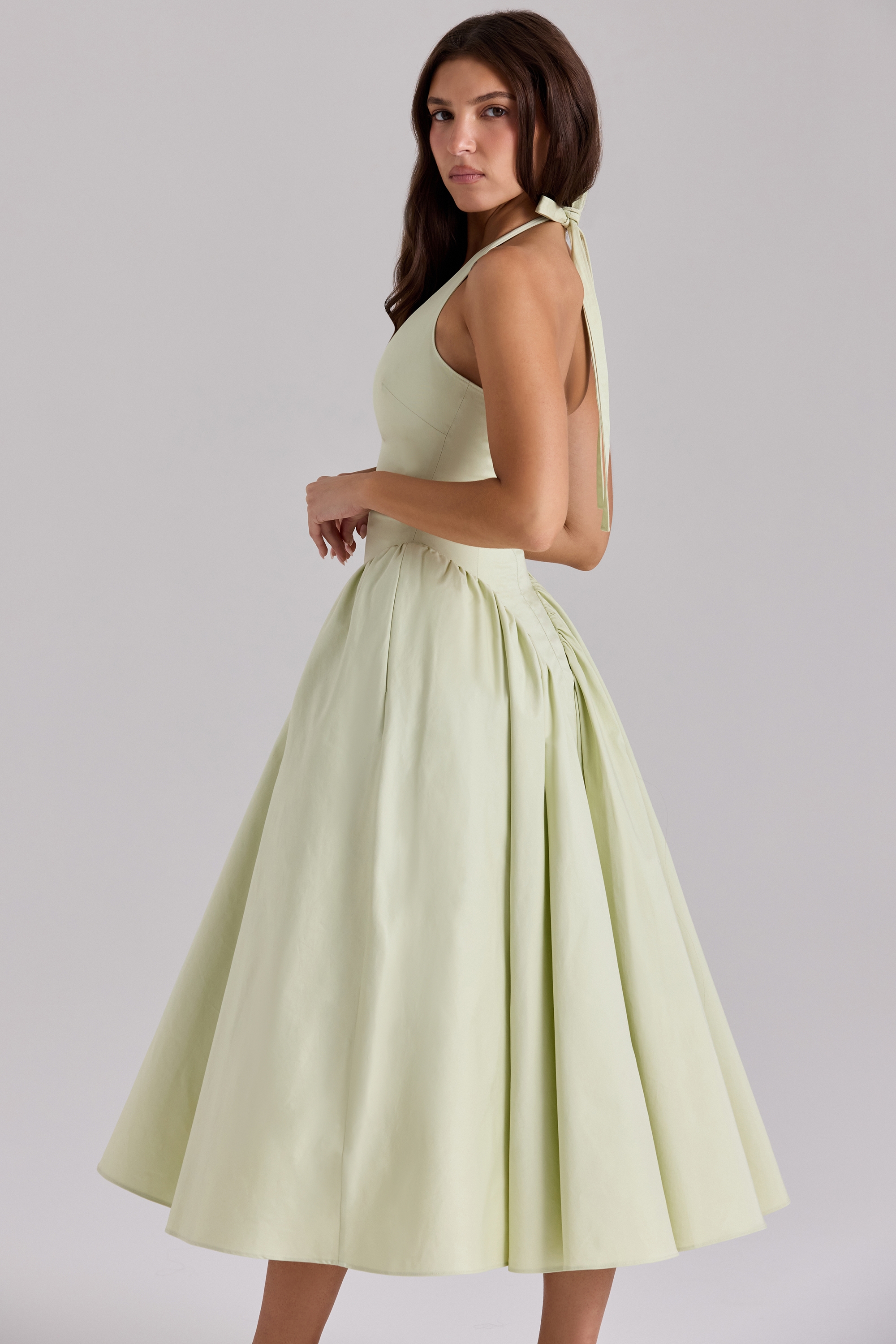 Marilyn-Pistachio Cotton Halter Midi Sundress