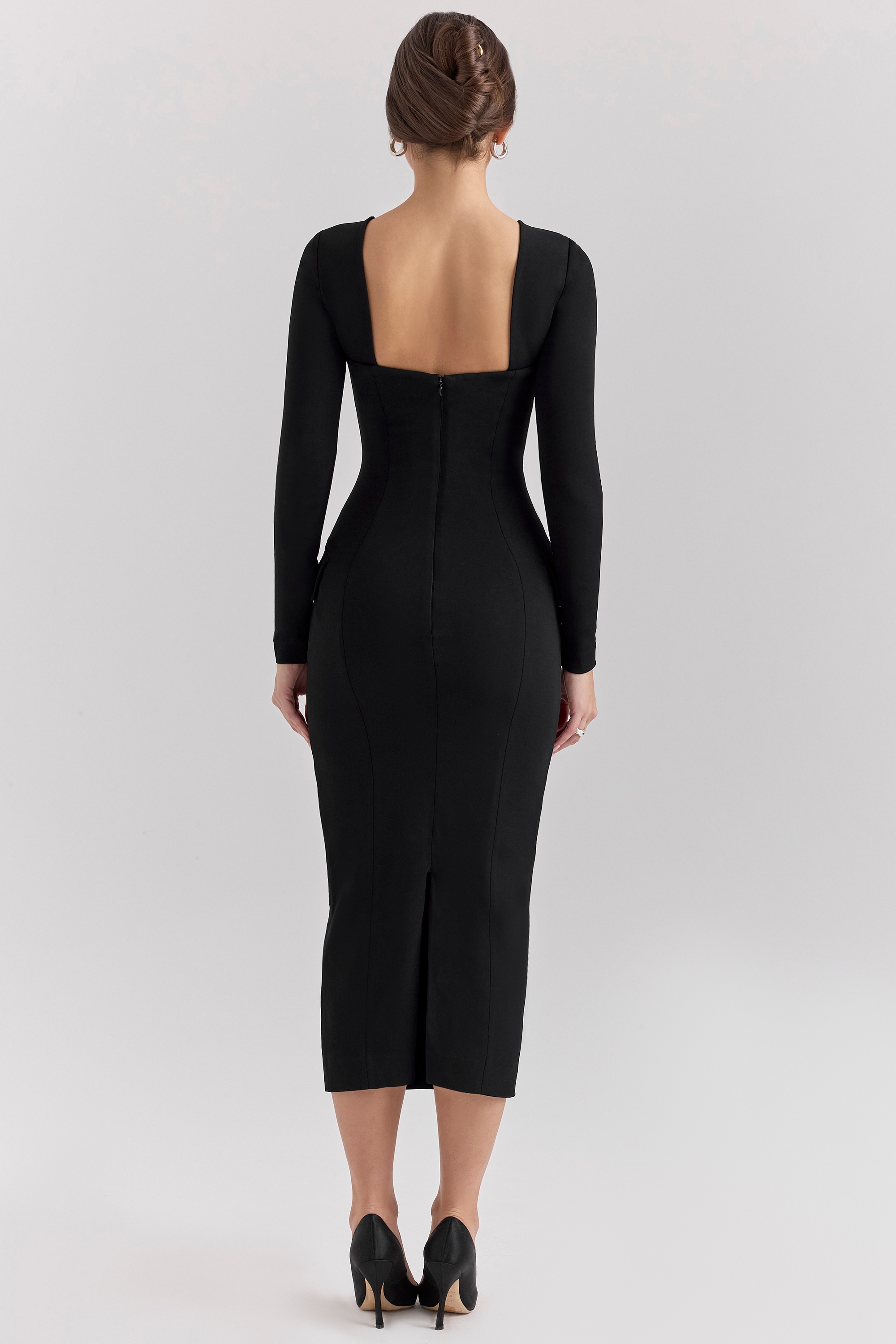 Ella-Black Stretch Crepe Long Sleeve Midi Dress
