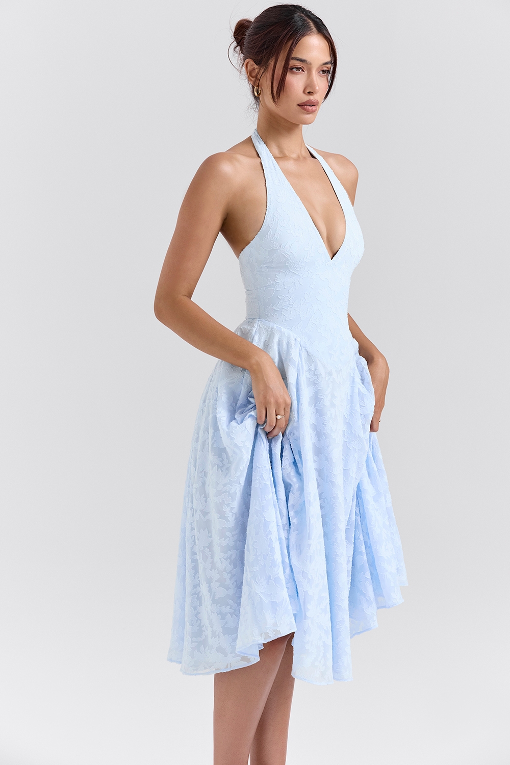 Arietta-Bluebell Floral Jacquard Halter Midi Dress