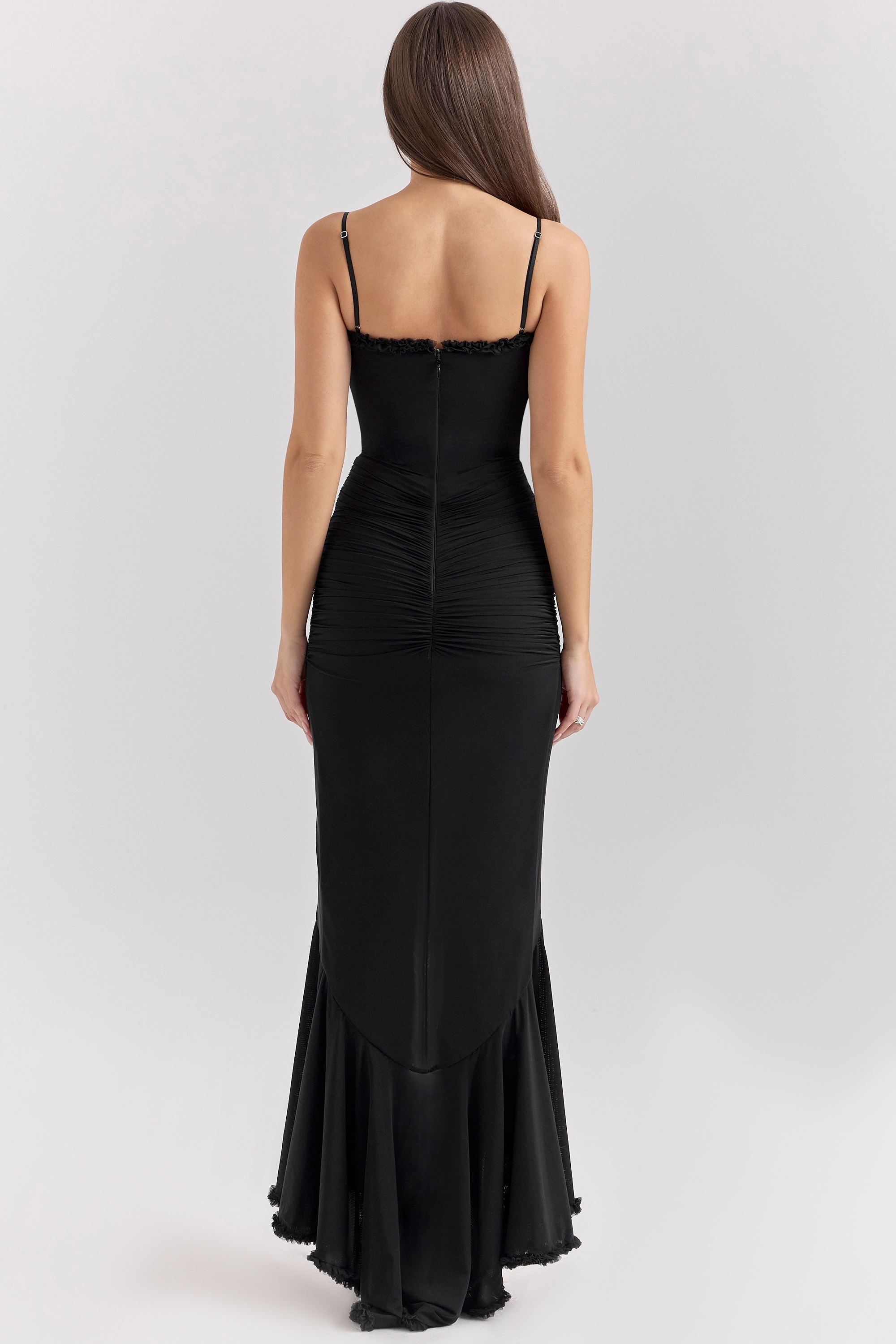 Gabbi-Black Mesh Ruffled Front Gown