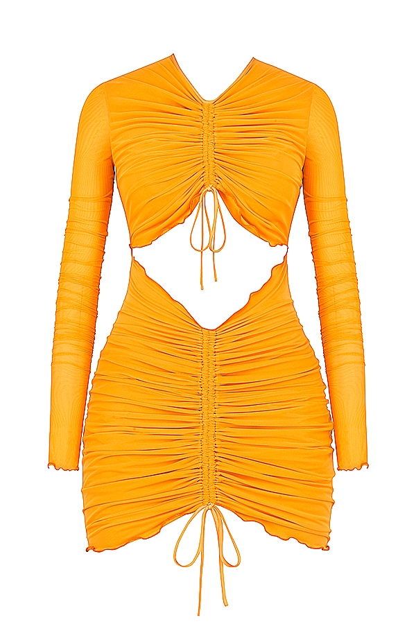 Jeanelle-Orange Ruched Mesh Long Sleeve Cutout Mini Dress