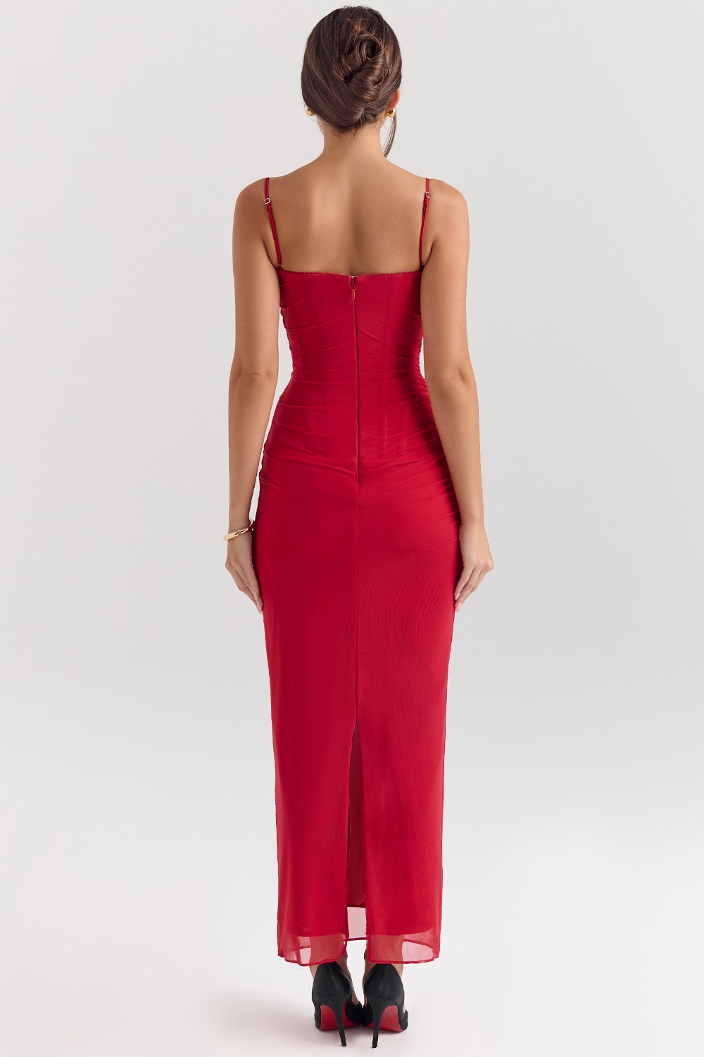 Nalini-Holly Red Stretch Mesh Corset Maxi Dress