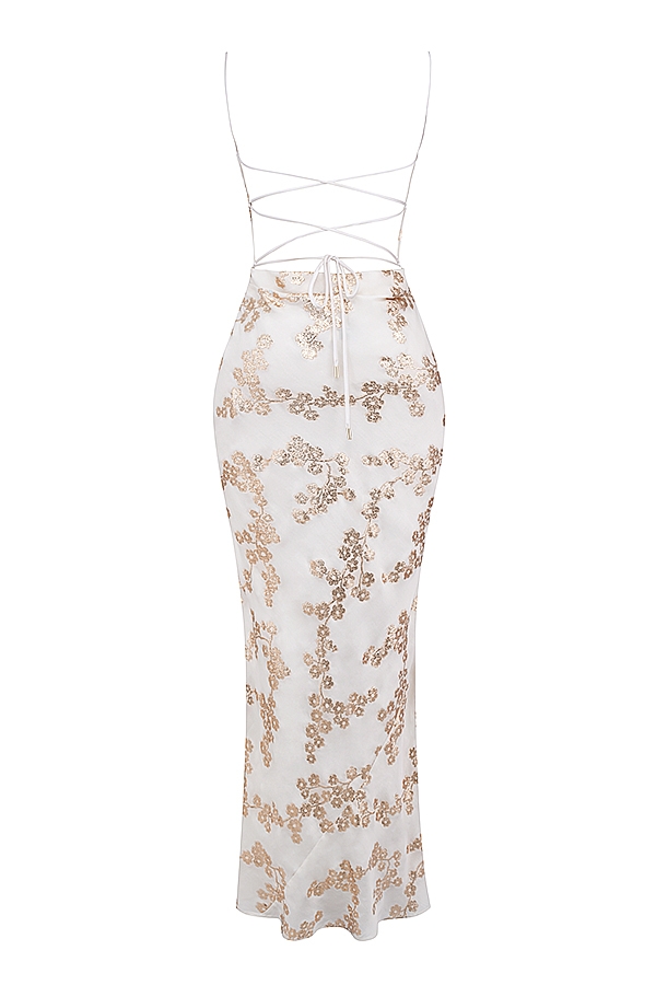 Capriana-White & Gold Jacquard Satin Gown