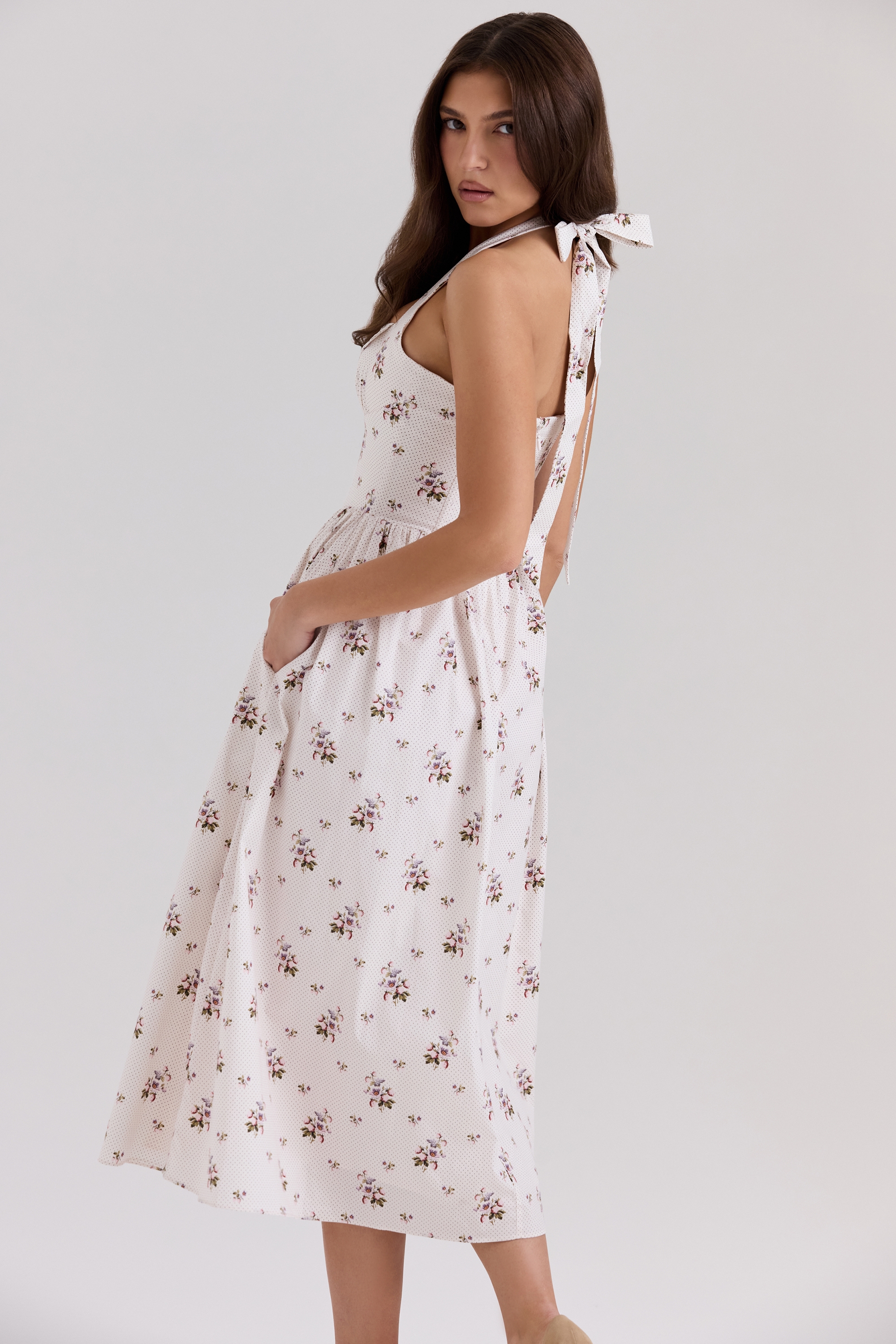 Emilia-Cream Floral Print Stretch Cotton Halter Neck Midi Dress