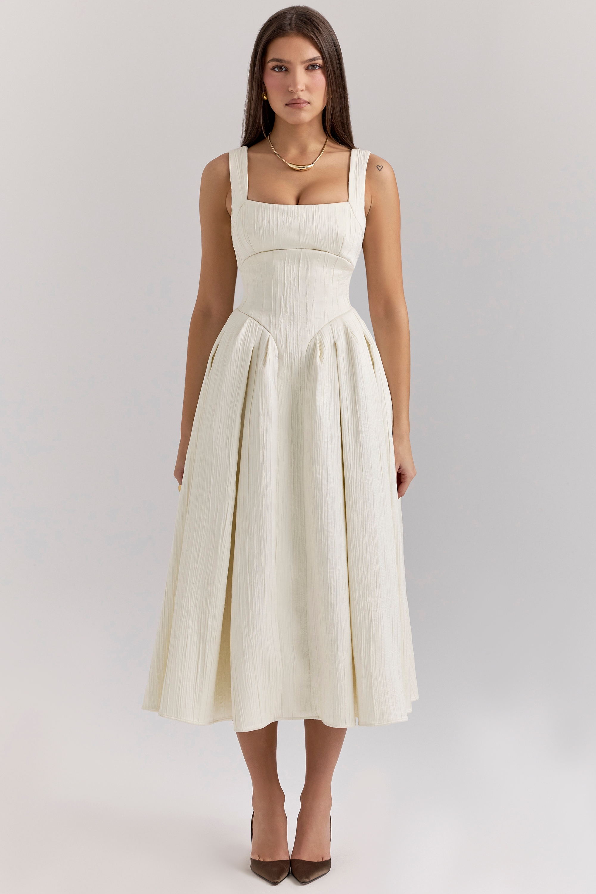 Isabeau-Ivory Textured Satin Corset Midi Dress