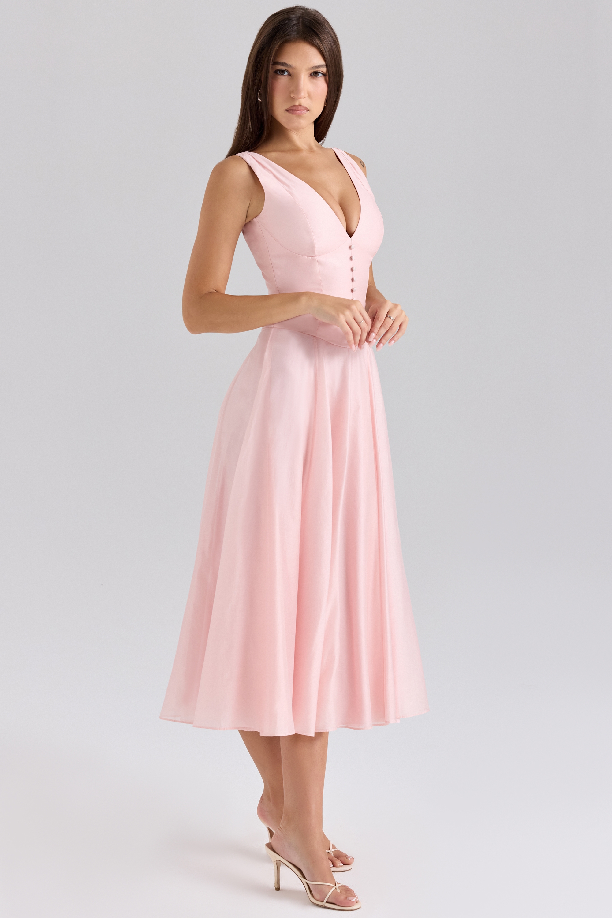 Samira-Pink Chiffon Button Midi Dress