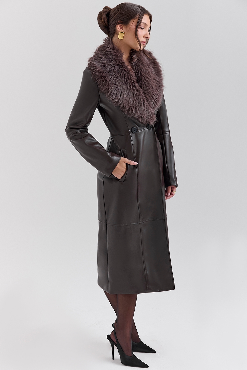 Marcel-Brown Faux Fur Trimmed Vegan Leather Coat