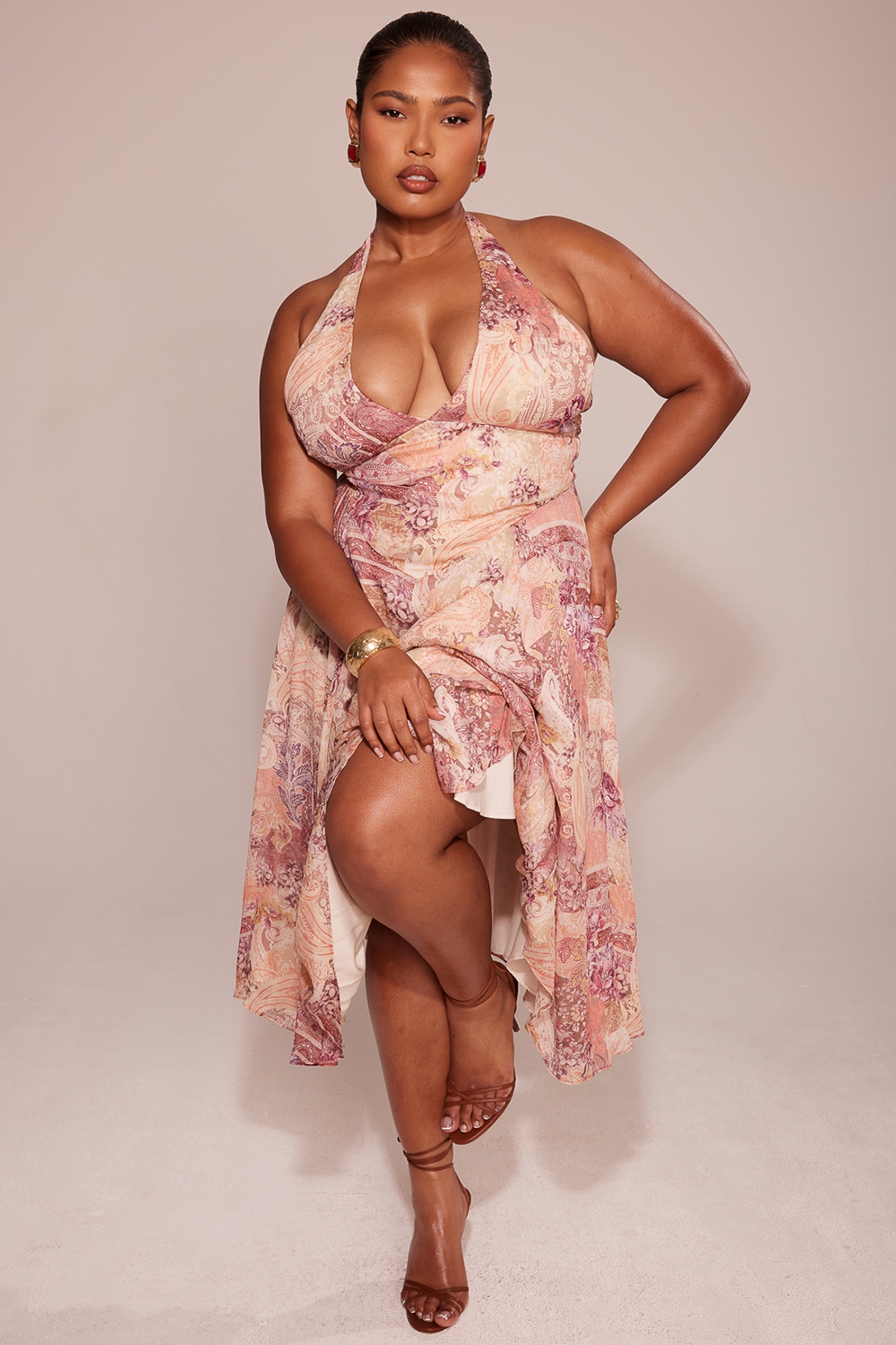 Solada-Paisley Patchwork Print Georgette Halter Sundress