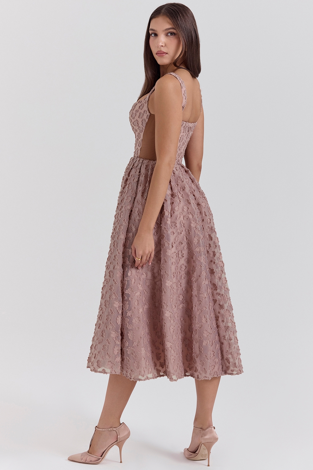 Lovely-French Rose Jacquard Sweetheart Neckline Midi Dress - SALE