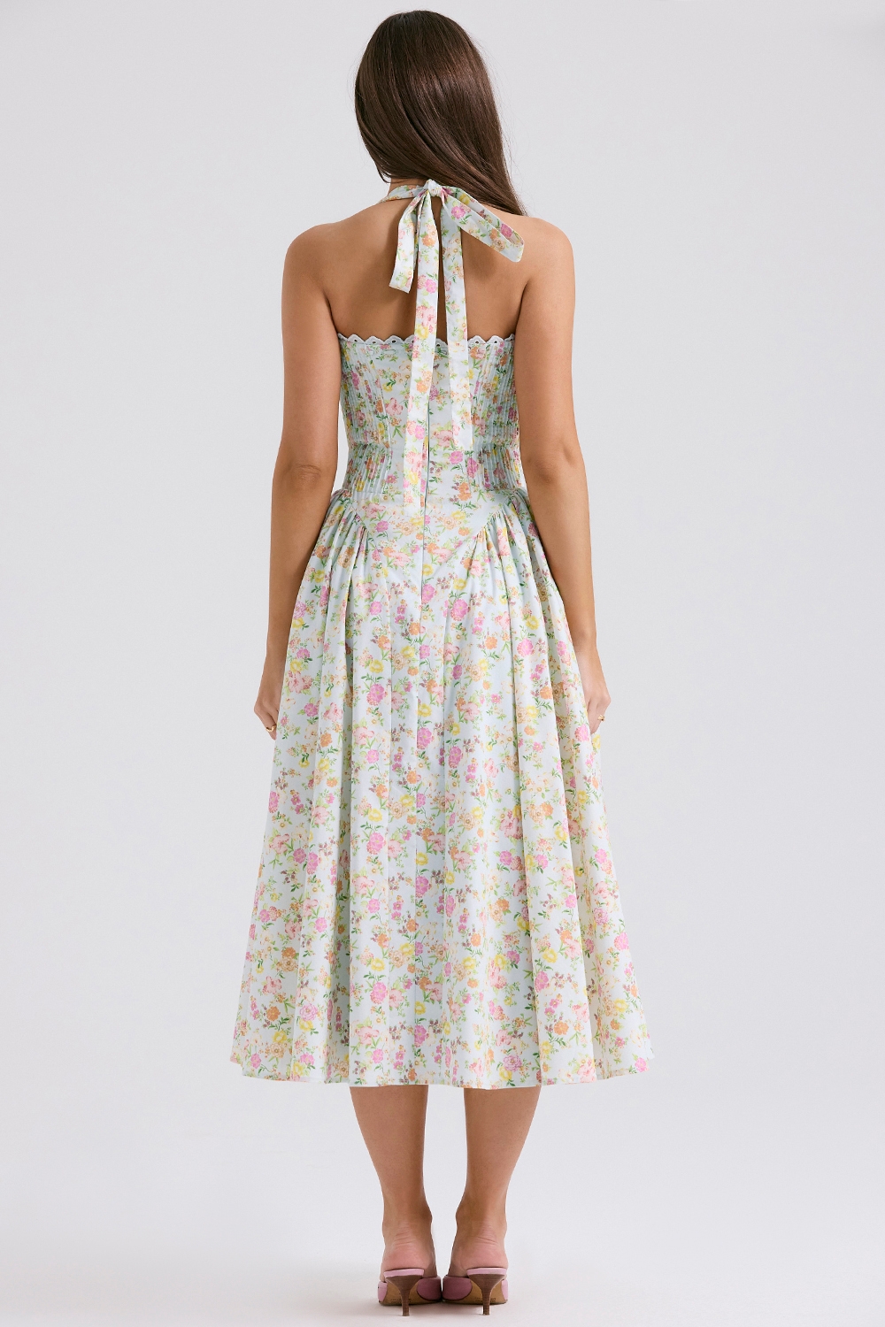 Adabella-Pale Blue Meadow Print Cotton Halter Sundress