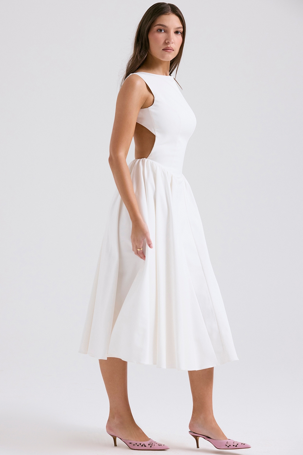 Cindy-White Twill Midi Sundress