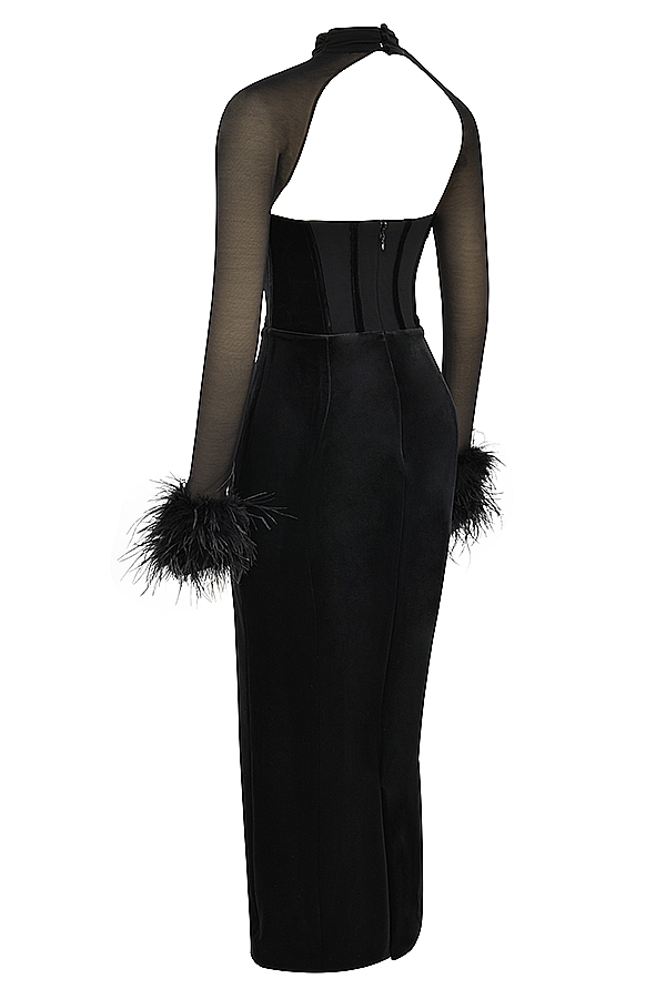 Thalia-Black Velvet Corset Maxi Dress