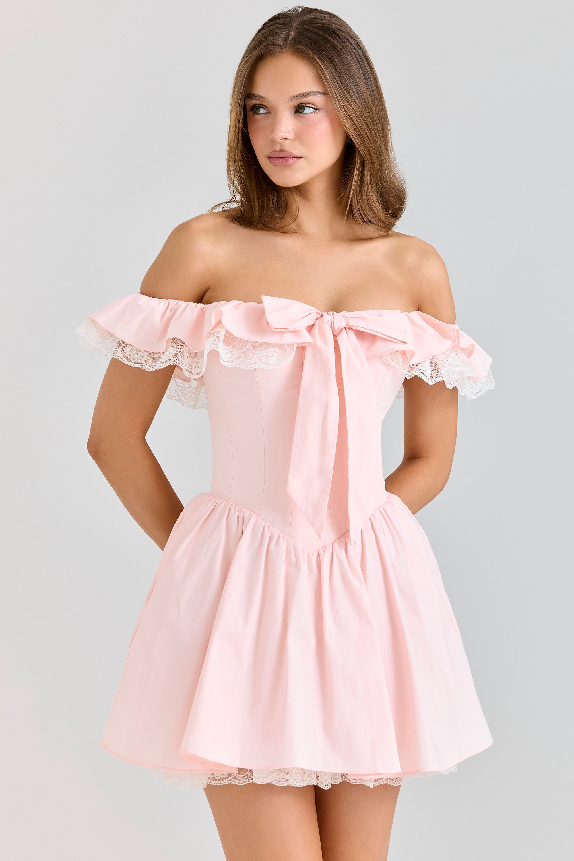 Jaide-Pink Stretch Cotton Off Shoulder Corset Mini Dress