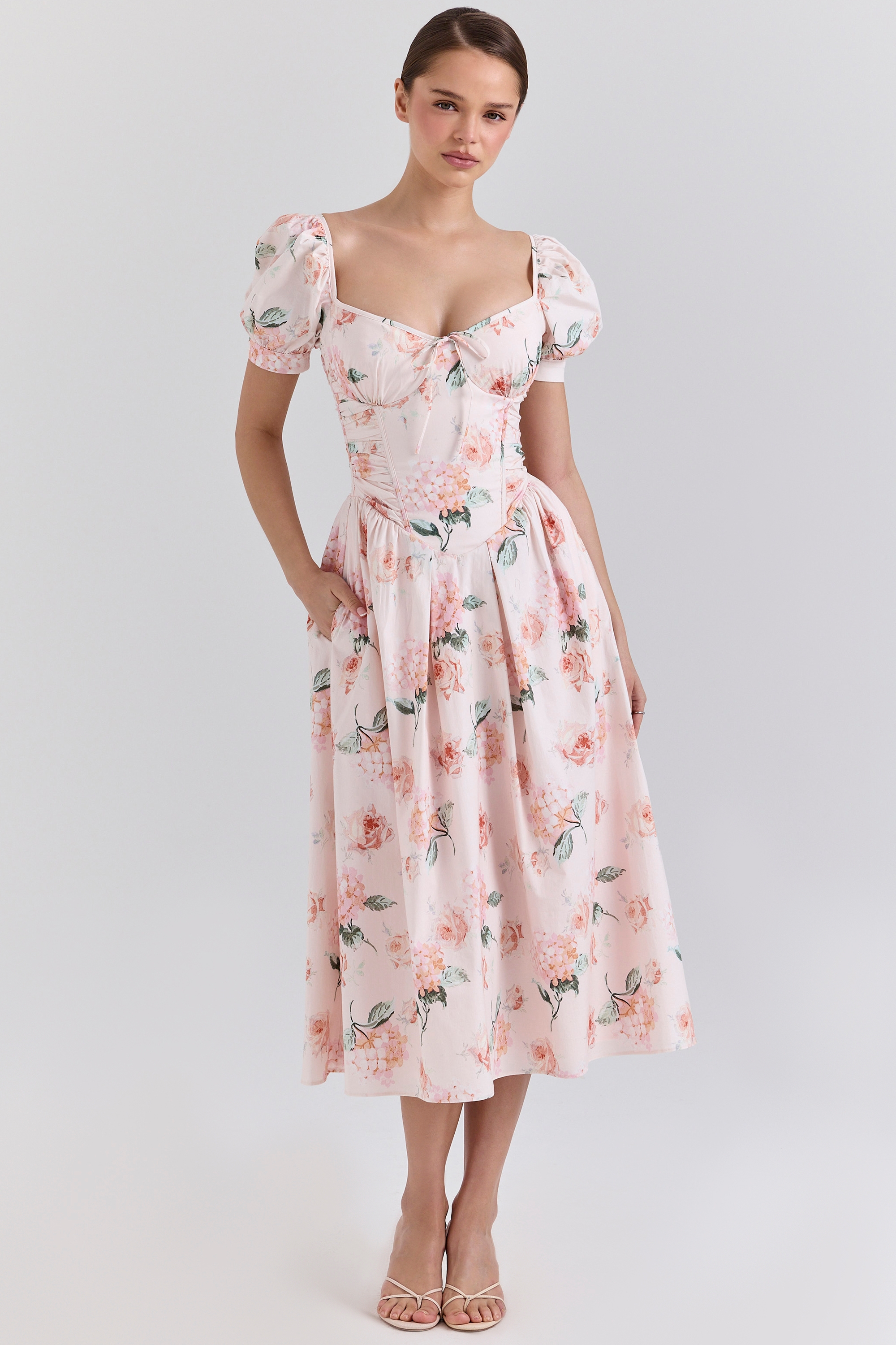 Lulabell-Peach Floral Cotton Puff Sleeve Midi Dress