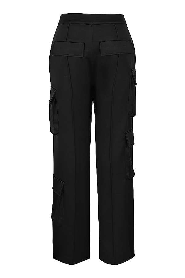 Daria-Black Satin Straight Leg Cargo Trousers