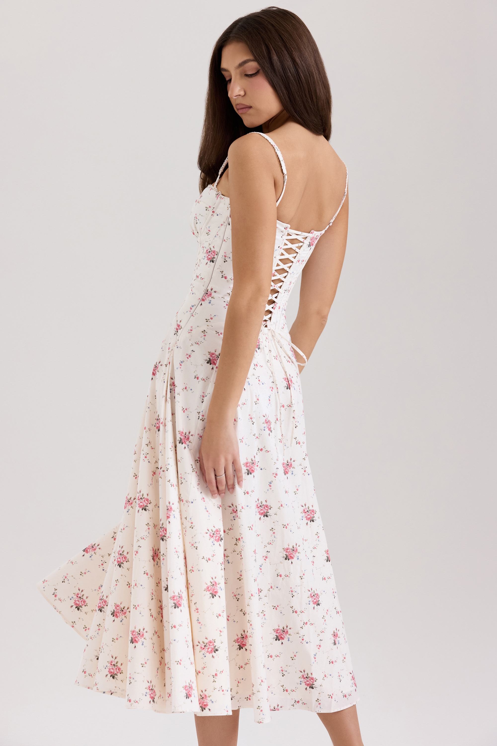 Steffani-White Stretch Cotton Rose Print Midi Sundress