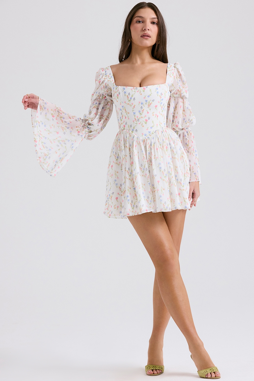 Sancia-White Posy Print Puff Sleeve Mini Dress