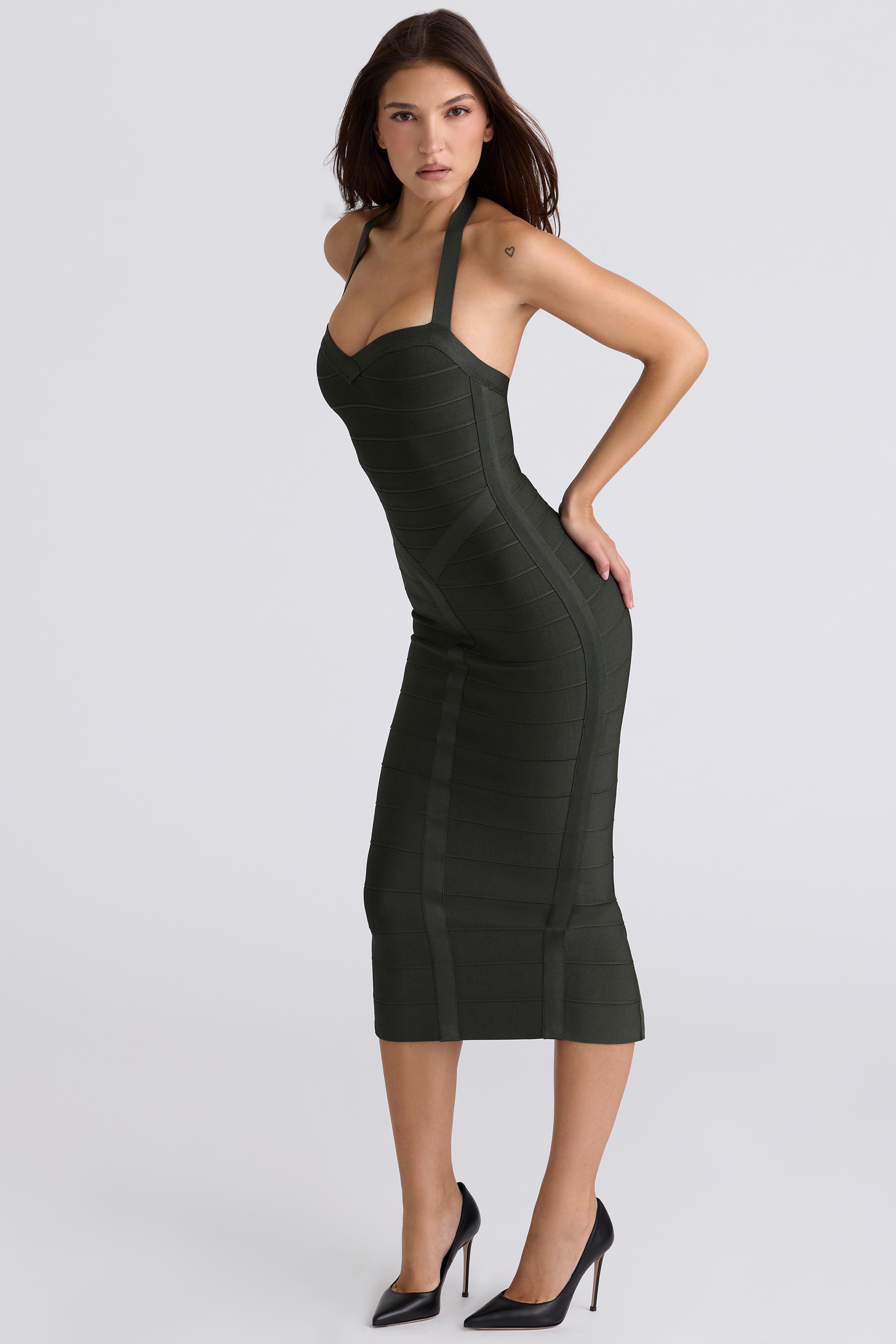 The Supermodel-Emerald Halter Neck Stretch Bandage Midi Dress