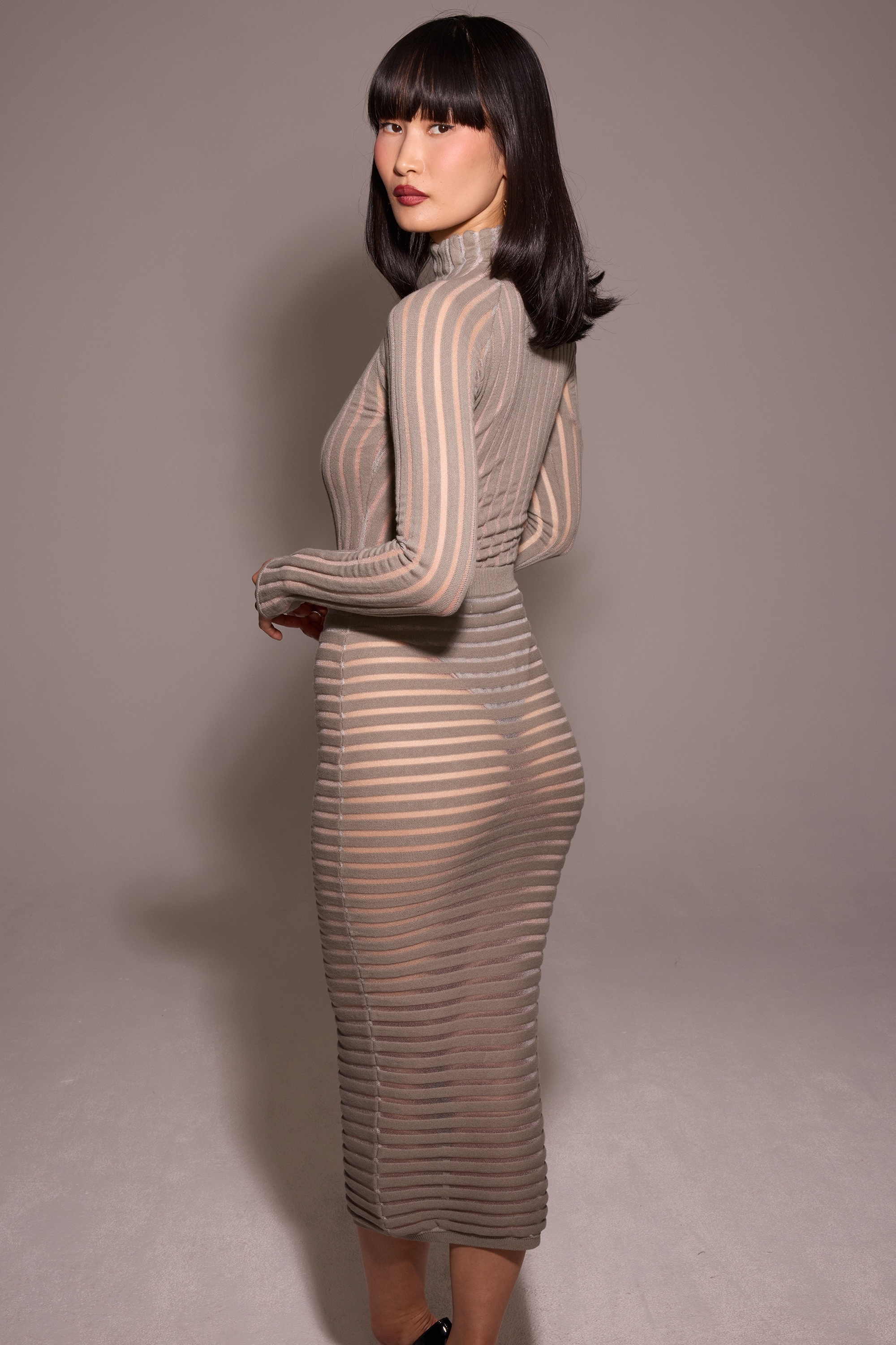 Margo-Grey Velour Sheer Striped Midi Skirt