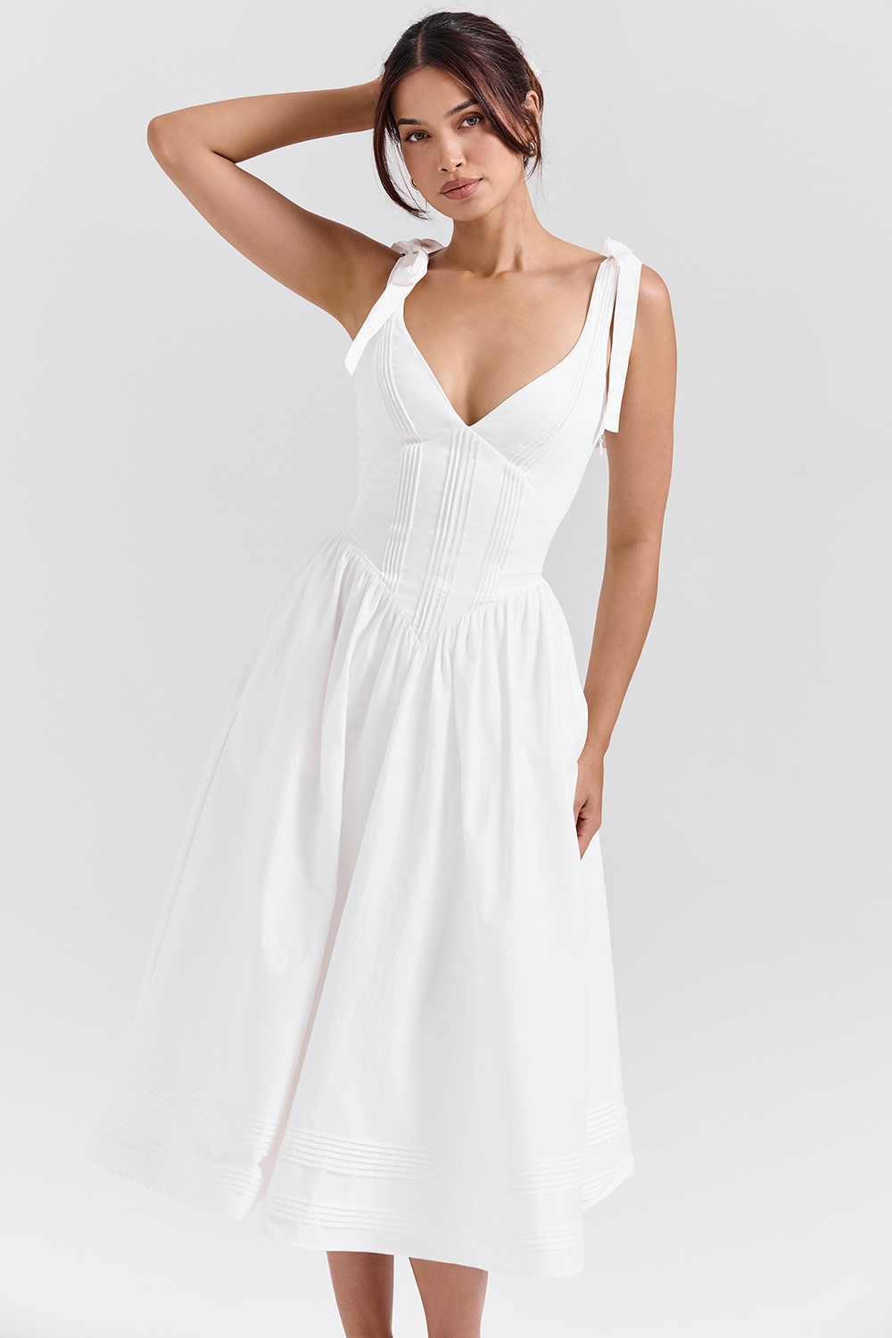 Hattie-White Pin Tuck Cotton Midi Sundress