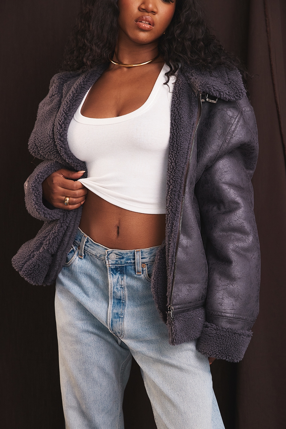 Madden-Grey Vegan Shearling Aviator Jacket