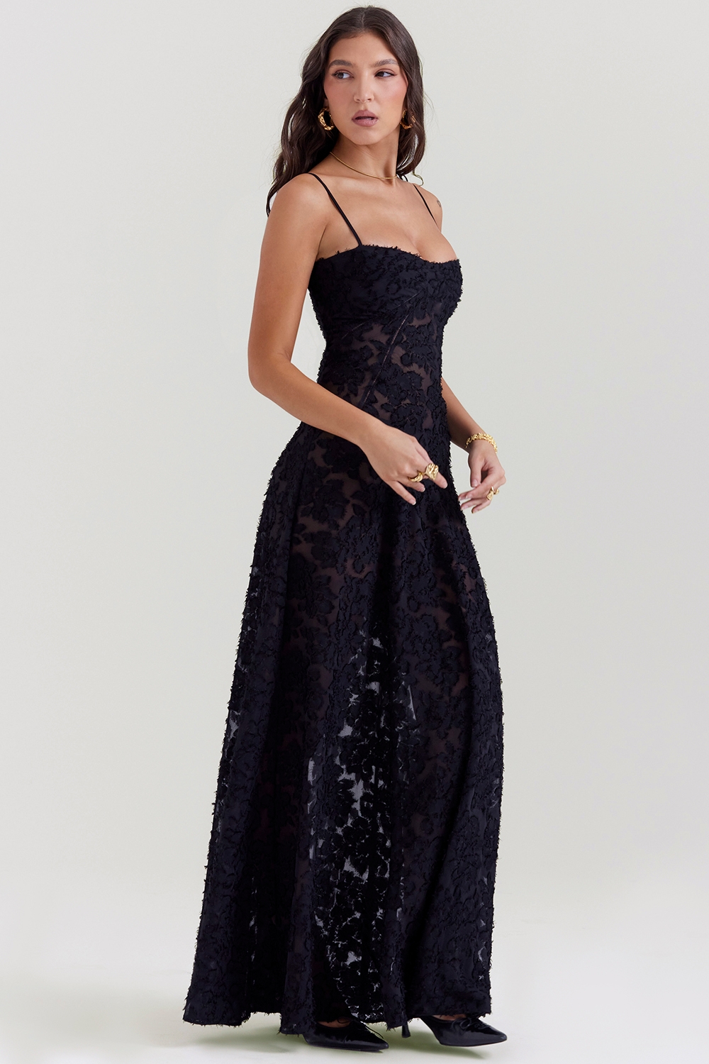 Seren-Black Floral Lace Back Maxi Dress