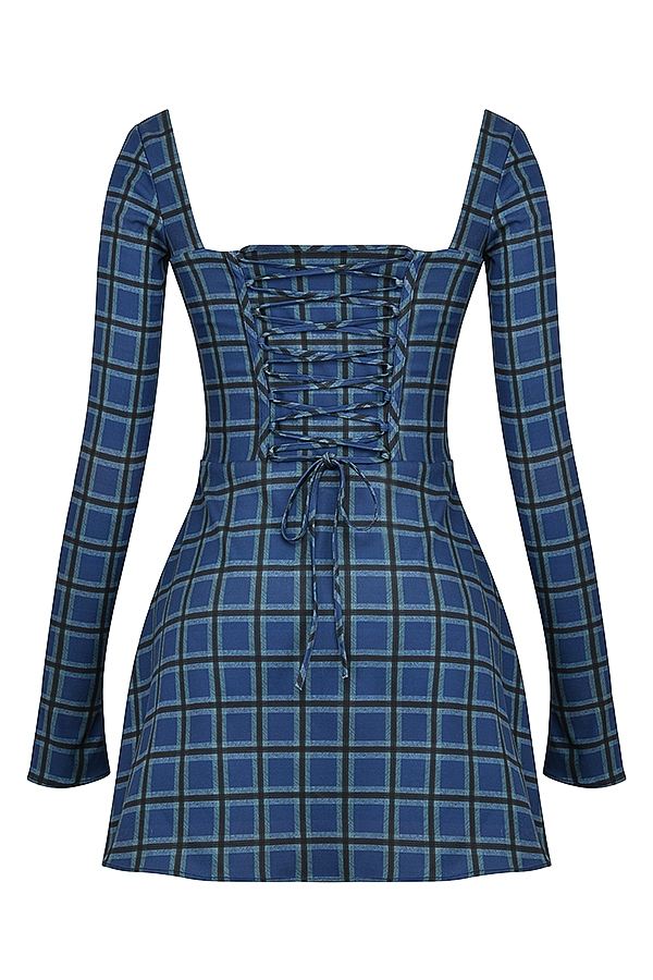 Malika-Blue Tartan Corset Mini Dress