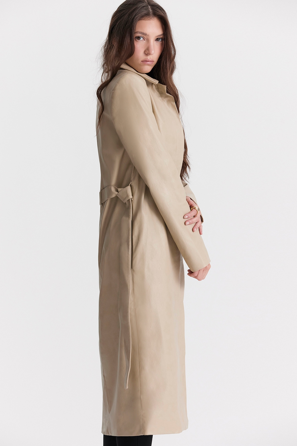 Ariel-Beige Vegan Leather Trench Coat