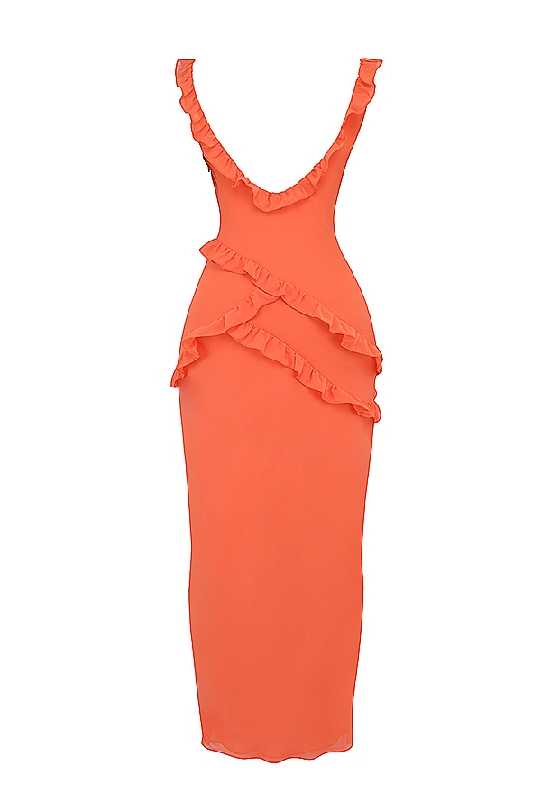 Pixie-Flame Orange Ruffle Maxi Dress