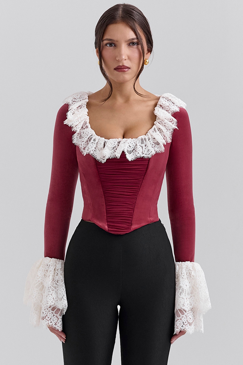Jacinda-Cabernet Velvet Lace Trimmed Corset Top - SALE