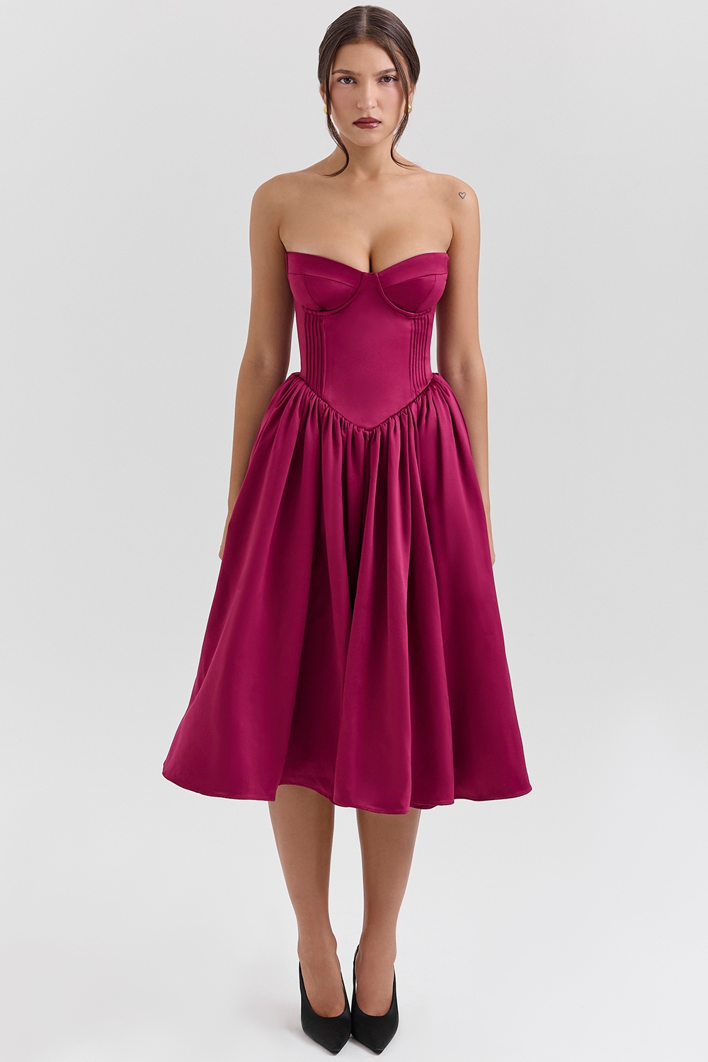 Coco-Burgundy Satin Tulle Midi Dress - SALE