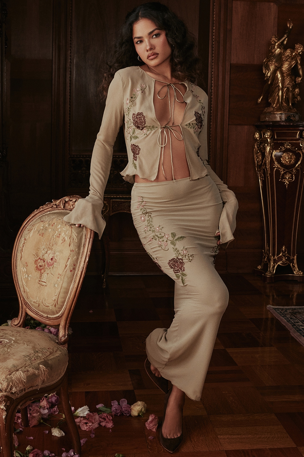 Lailah-Artichoke Floral Maxi Skirt