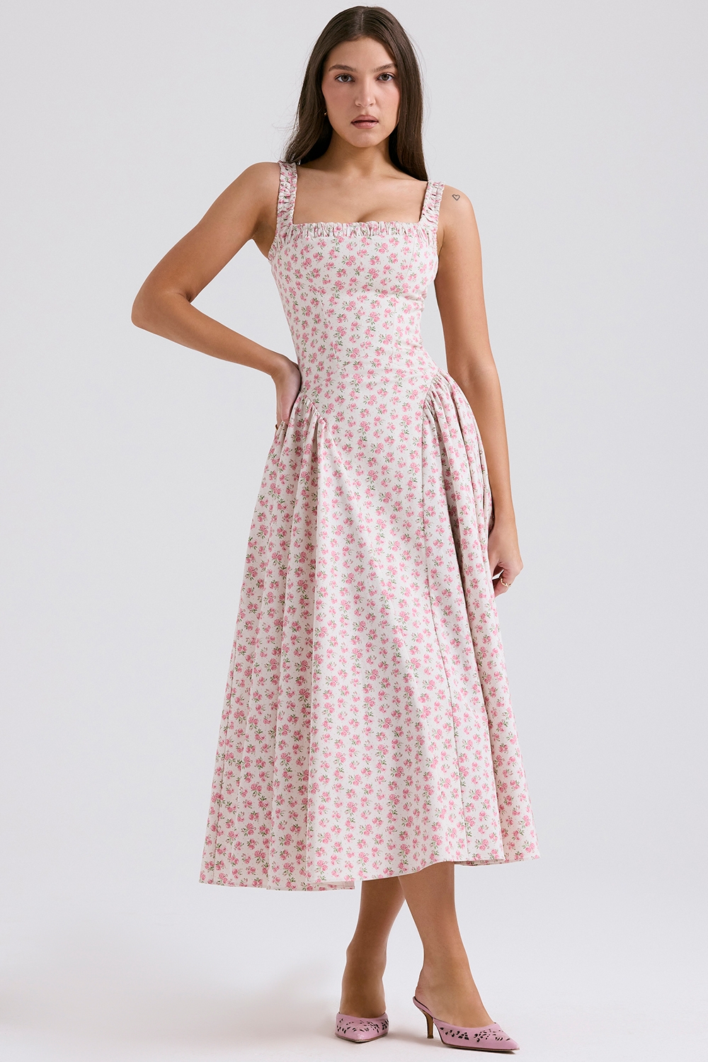Dorothy-White Rosebud Print Cotton Midi Sundress