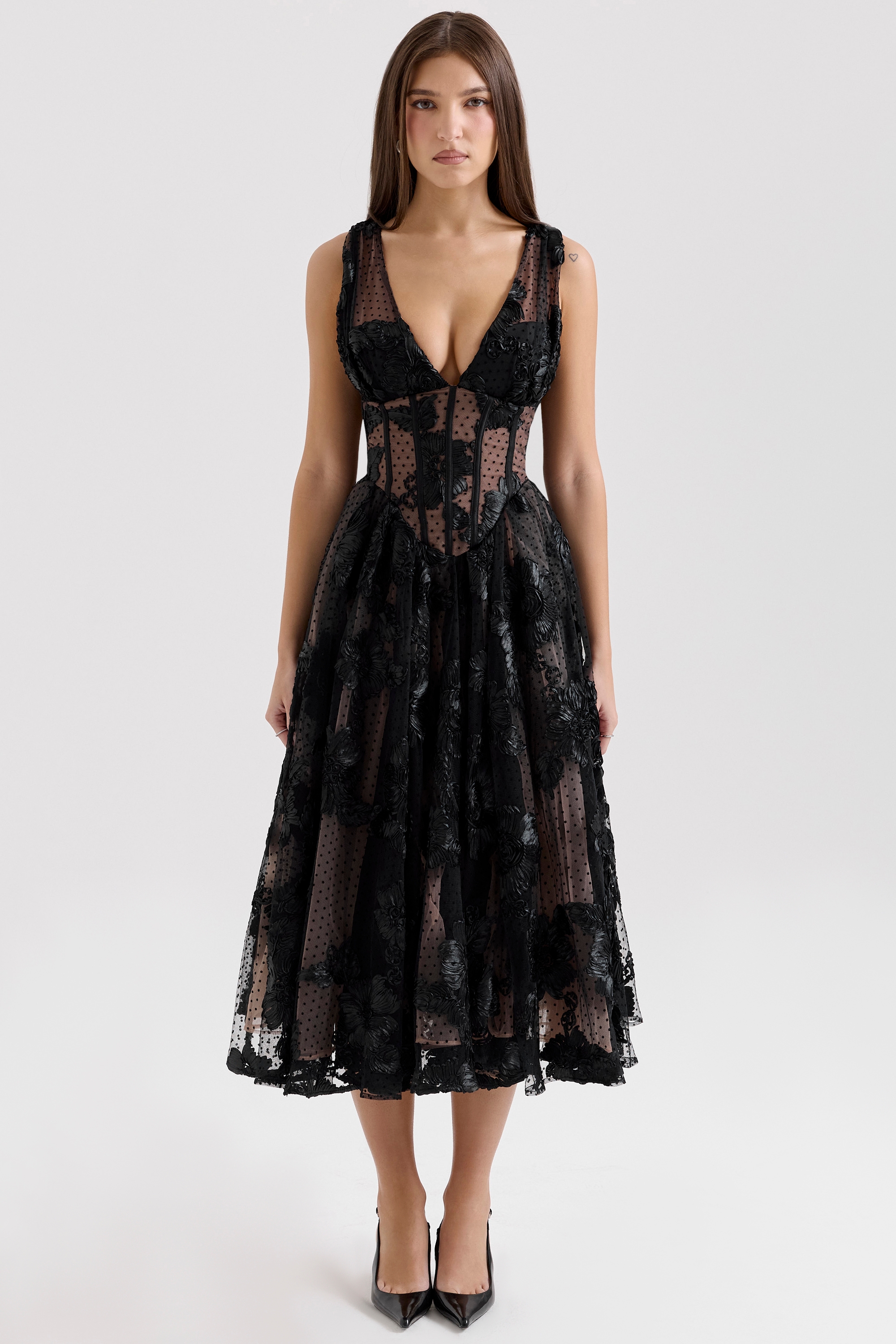 Sianna-Black Embroidered Tulle Corset Midi Dress