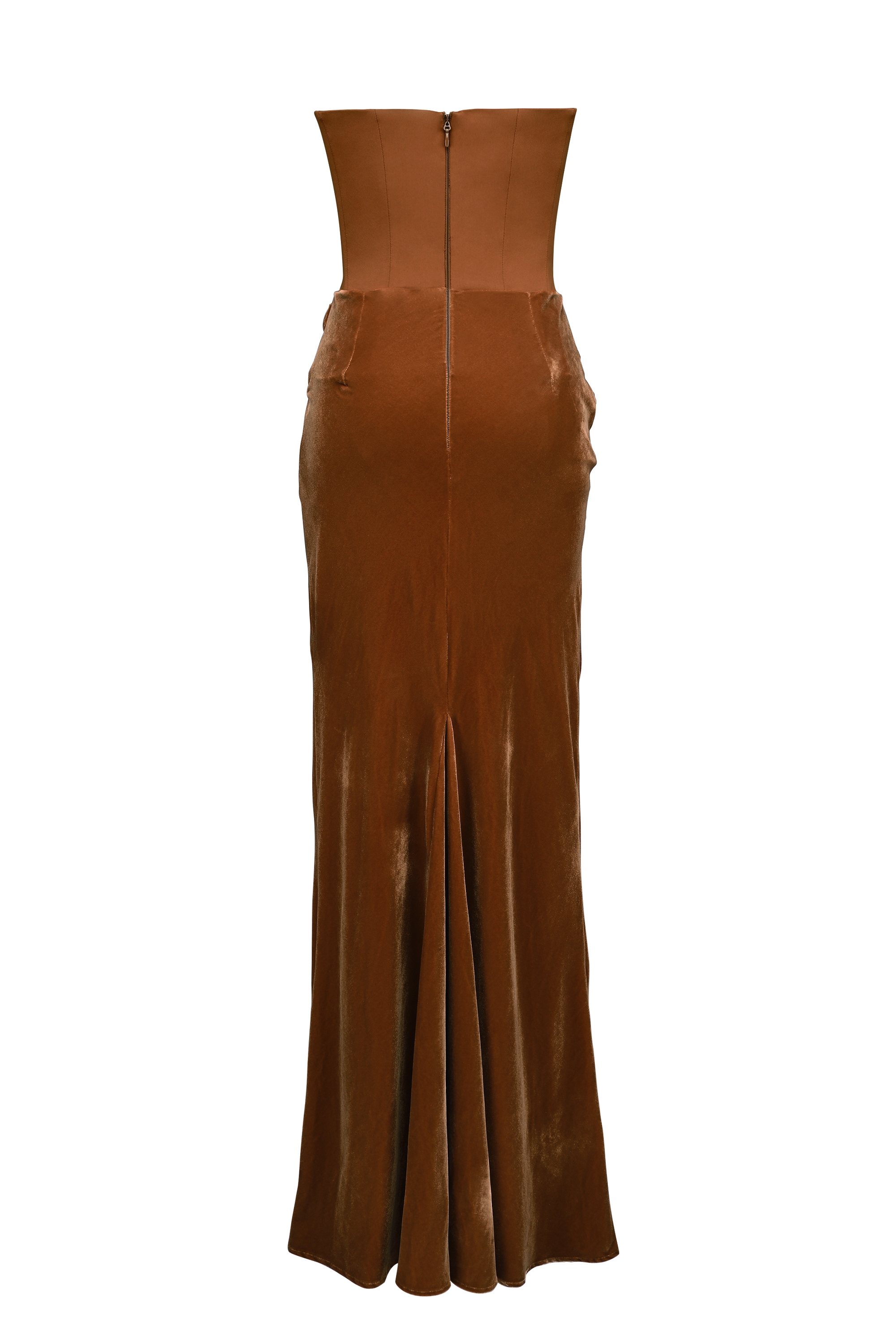 Persephone-Toffee Velvet Strapless Corset Maxi Dress