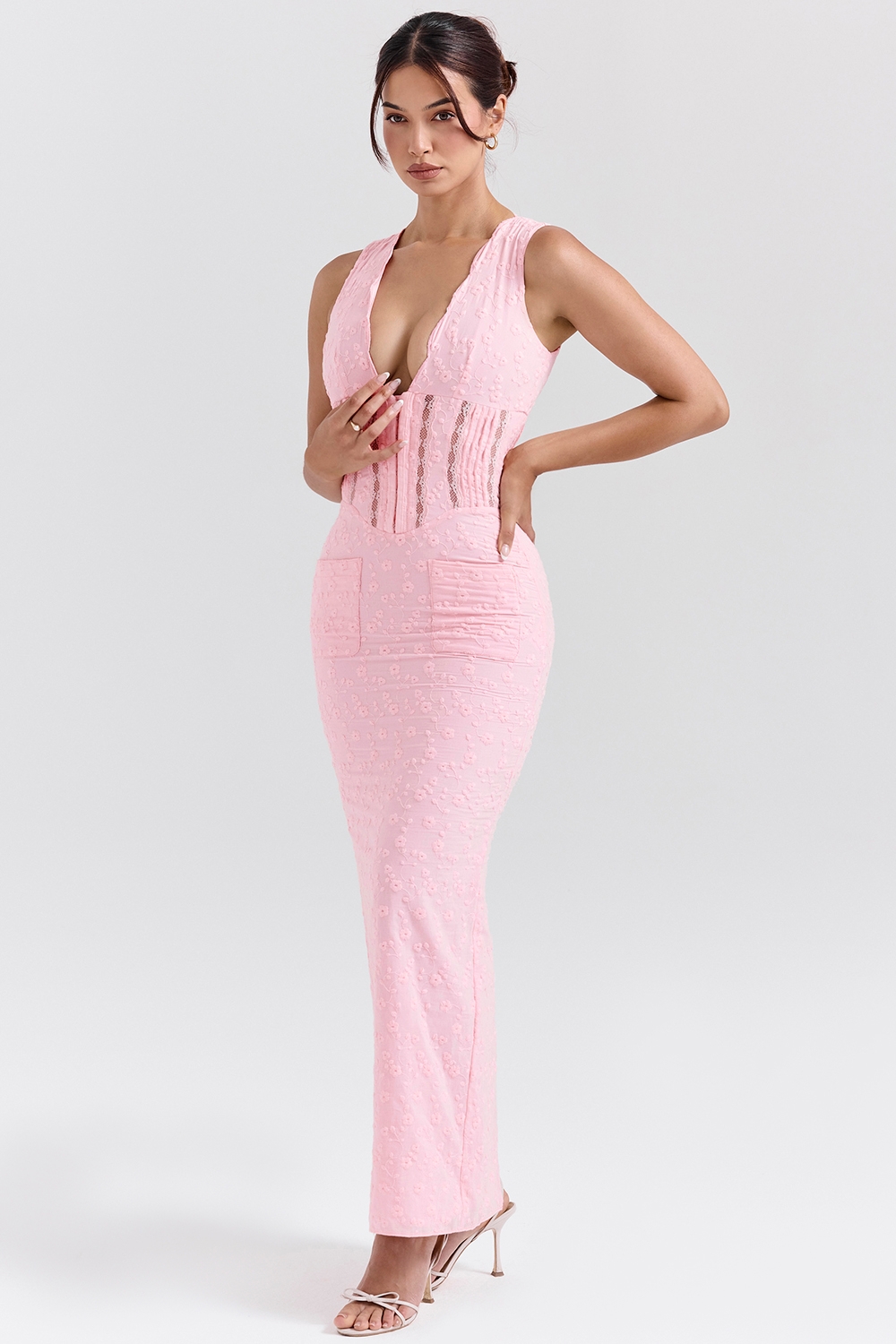 Sophina-Perfectly Pink Broderie Anglais Plunge Maxi Dress