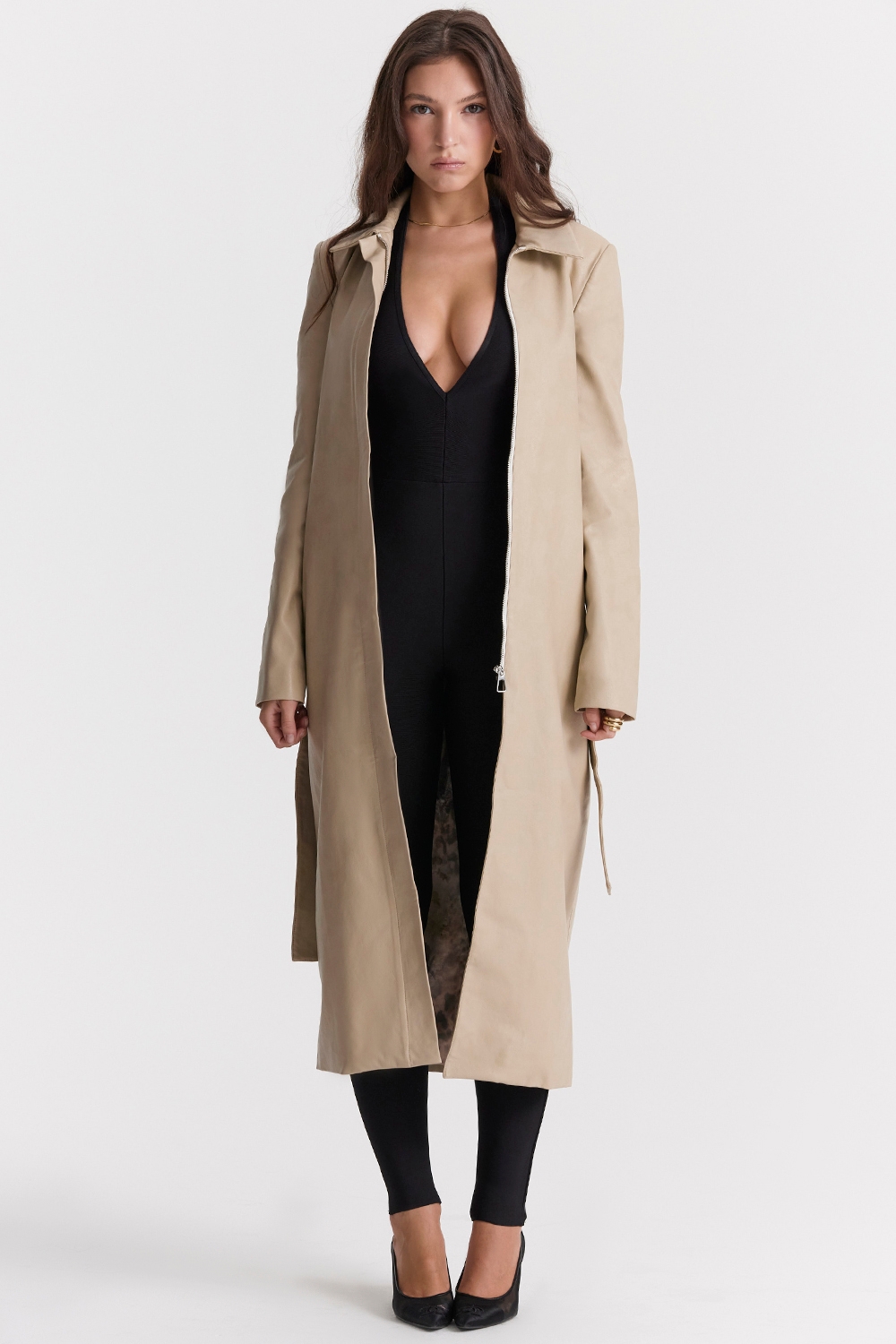 Ariel-Beige Vegan Leather Trench Coat