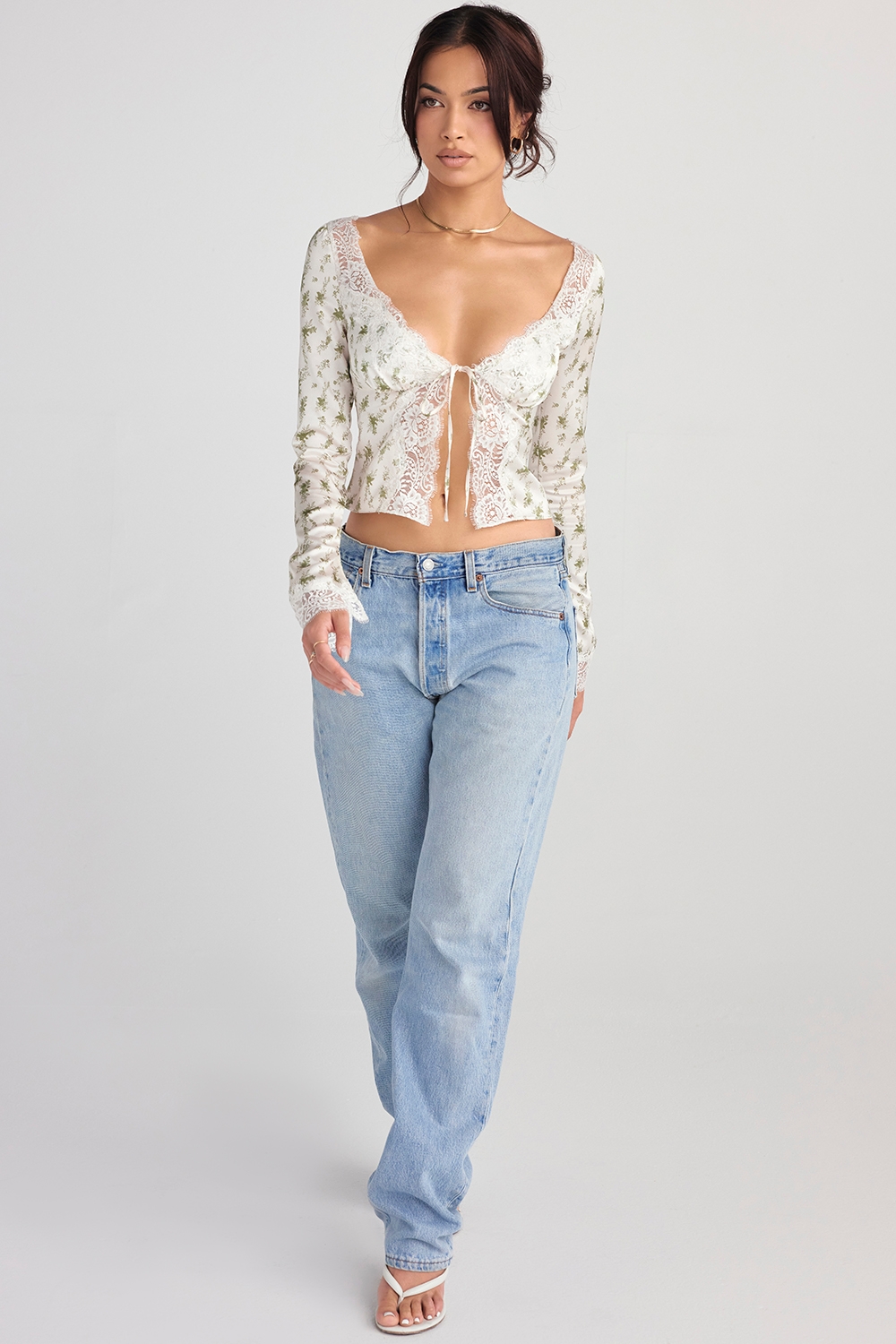 Clarissa-Garden Print Lace Trim Top