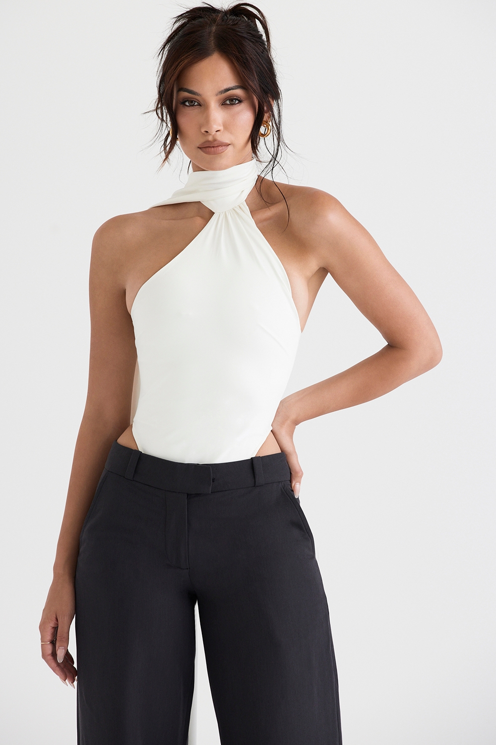 Farrah-Ivory Satin Wrap Neck Bodysuit