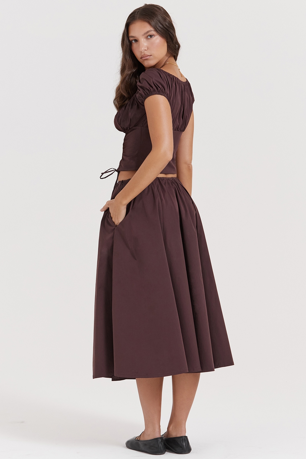 Cora-Rich Brown Gathered Midi Skirt