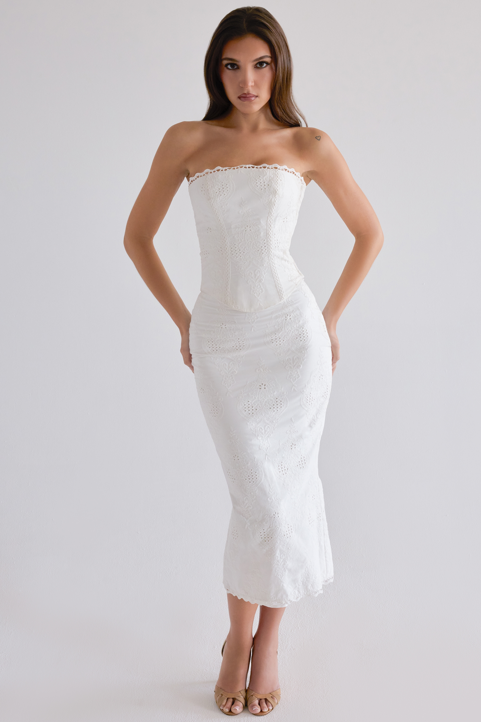 Antonie-White Cotton Broderie Anglaise Midi Skirt