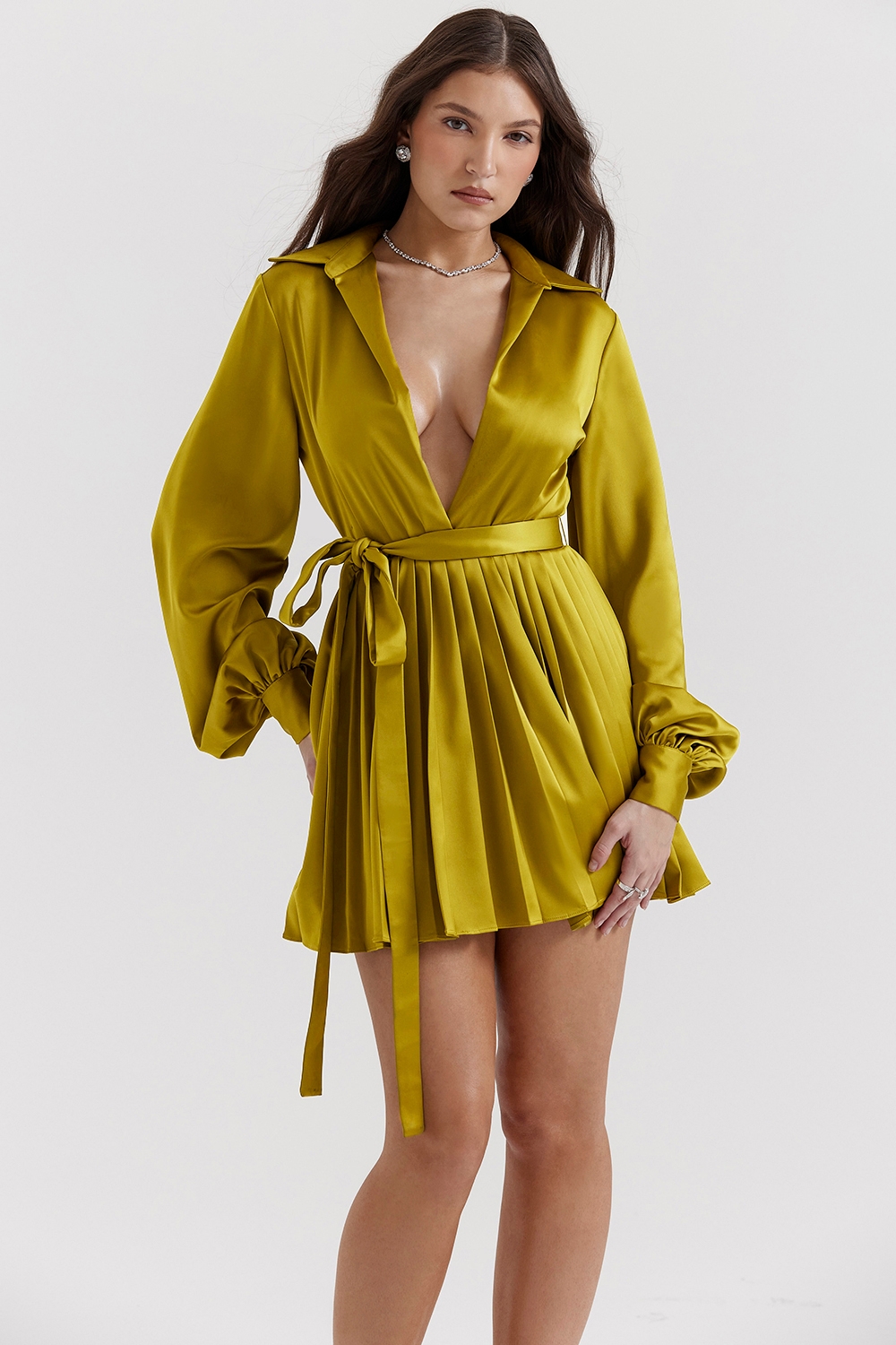 Allegra-Chartreuse Pleated Shirt Dress