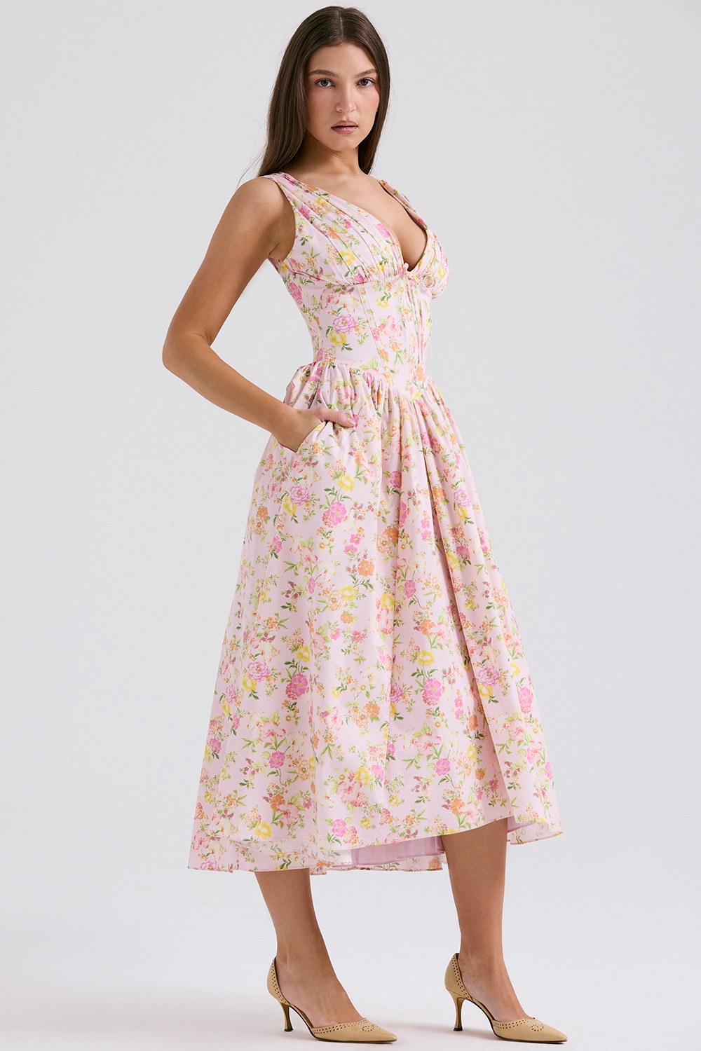 Emmelina-Pink Meadow Print Cotton Corset Sundress