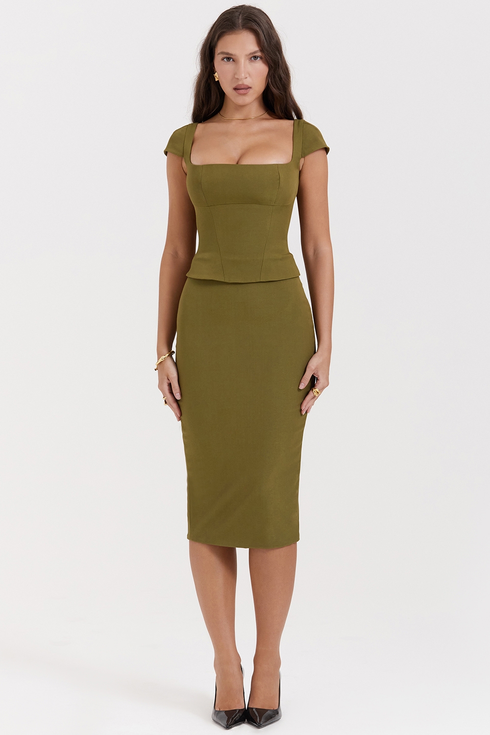 Layana-Olive Corset Midi Dress
