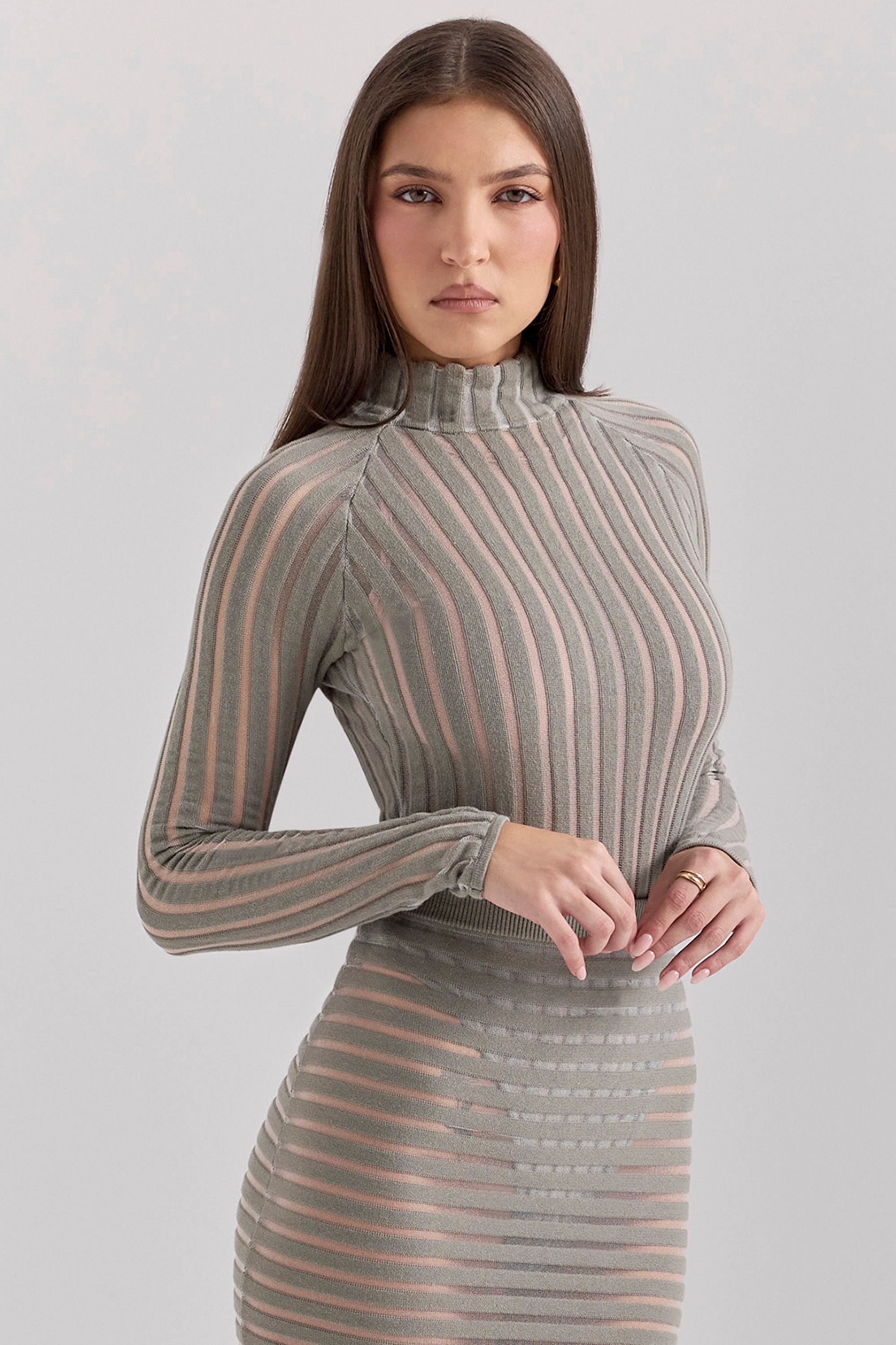 Rowena-Grey Velour Sheer Striped Bodysuit